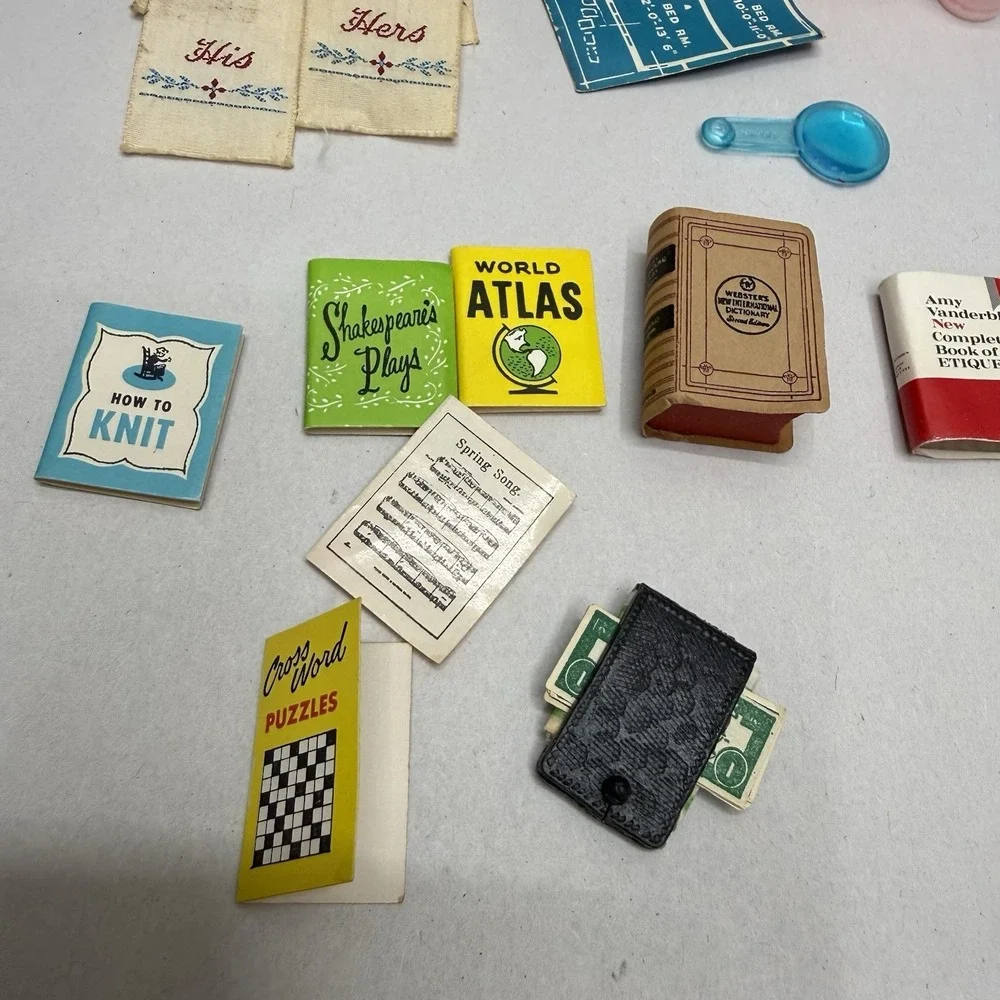 Vintage dollhouse lot miniature‎ kitchen food books his/her towels plates wallet